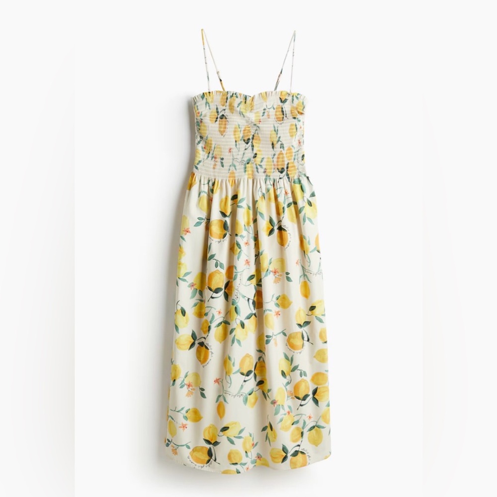H&M 🍋 100% Cotton Smocked Top Midi Dress • Size XS